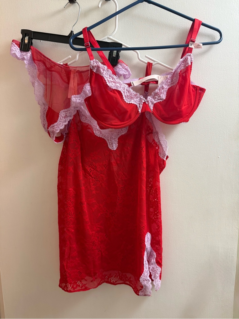 Victoria's Secret Red Lace Chemise with Lavender Lace Trim, Matching Bra & Panty